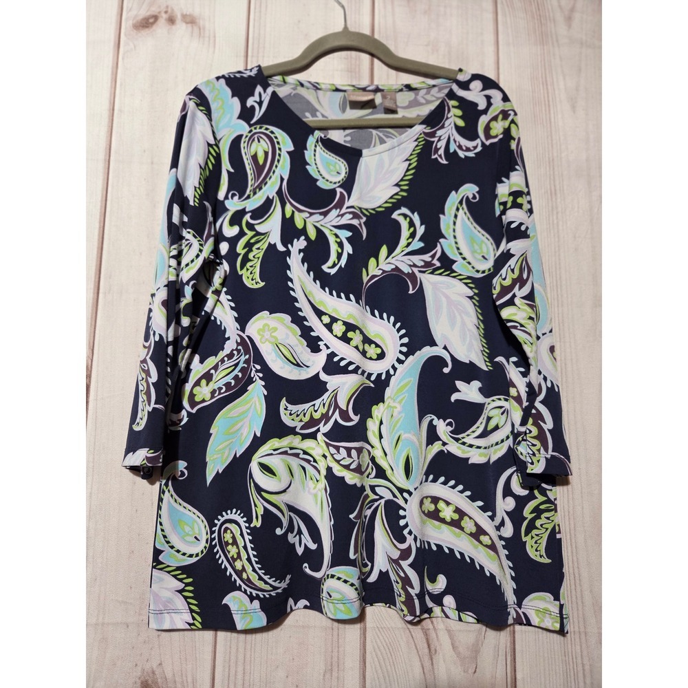 Chicos 2 Zenergy Paisley Print 3/4 Sleeve Moisture Wicking Top Navy Lime Size L